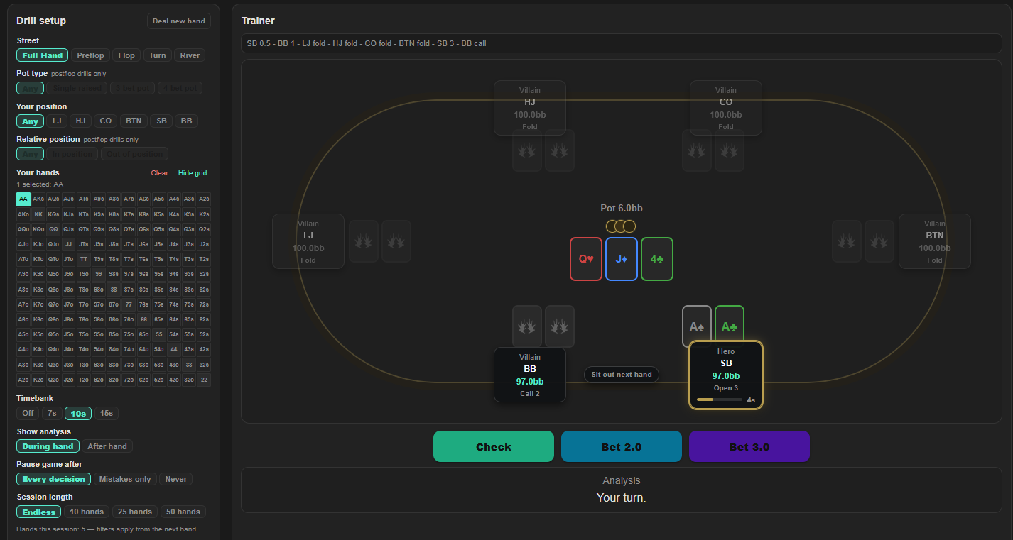 PokerMoose trainer interface showing a live drill